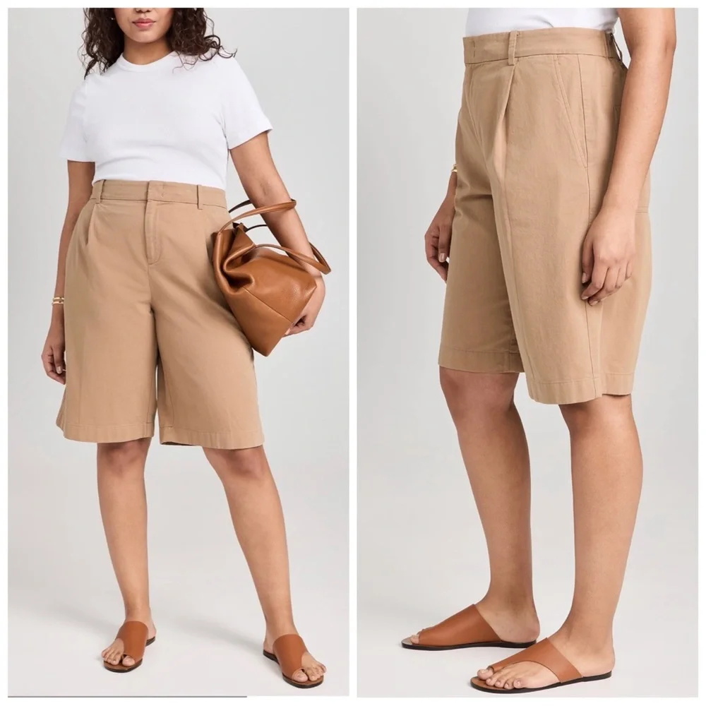 •VINCE• Washed‎ High Waisted Cotton Twill Shorts in Cocoon Khaki Beige Size 16